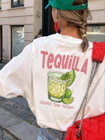 女士夏季新款简约标语印花休闲度假风宽松百搭圆领短袖T恤，时尚日常上衣，适合日常度假穿着。女士T恤上衣。