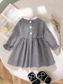 1件女婴甜美公主风千鸟格蝴蝶结装饰收腰长袖连衣裙，春秋季 - 黑與白 - 查看 3