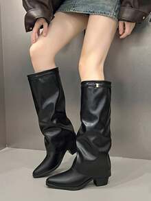 Botas altas de talla grande de otoño 2025, botas de mujer con tacón grueso adelgazante y sin brillo, botas de moda - Negro - Ver 4