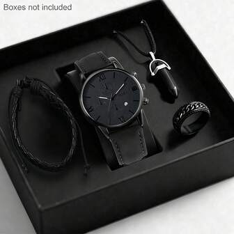 1 Set Men's Watch, Casual Fashion Round Roman Numeral Dial Quartz Watch With PU Strap, Pendant Necklace, Ring And Leather Cord. Suitable For Daily Wear, Gift To Family And Friends, Or Rewarding Yourself (No Gift Box Included)