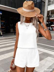 2-Piece Set: Tank Top With Round Neckline And Open Back Design For Women, And Casual, Fashionable Shorts. - 白色 - 查看 2