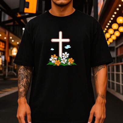 Camiseta masculina unissex 100% algodão camisa estampada religiosa Cross Flowers