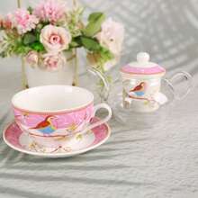 一套耐热喜鹊造型茶壶套装，纯白色带金色镶边茶壶和茶杯，可重复使用的陶瓷咖啡/茶杯套装，是圣诞节、万圣节、复活节、感恩节的理想礼物。