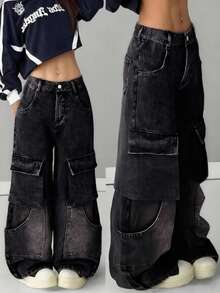 Quần jeans ống rộng màu đen phong cách Y2K cho bé gái tuổi teen, thoải mái và hoài cổ, thích hợp mặc thường ngày, dự tiệc hè và thu, lễ hội, thời trang đường phố, đồng phục học sinh, quần jeans ống rộng, quần jeans dáng rộng, quần jeans phong cách Y2K, trang phục mùa đông. - màu đen - Xem 1