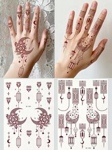 2pcs Moon & Flower Pattern Burgundy Temporary Tattoo Stickers - Manhaiti Design Body Art Tattoos, Suitable For Party And Holiday - Brown - View 11