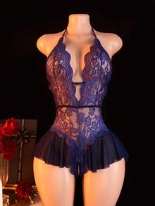 AESKEIA 女士性感内衣，蕾丝边情趣连衣裙，诱人开裆紧身衣 - 藏蓝色 - 查看 7