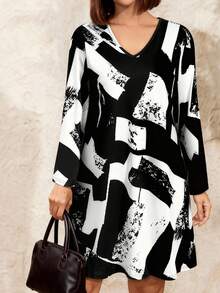 Damen V-Ausschnitt Chic Geometrisches Muster Langarm Kleid für den Frühherbst, ideal für Lässig & Büro - Schwarz - Übersicht 5