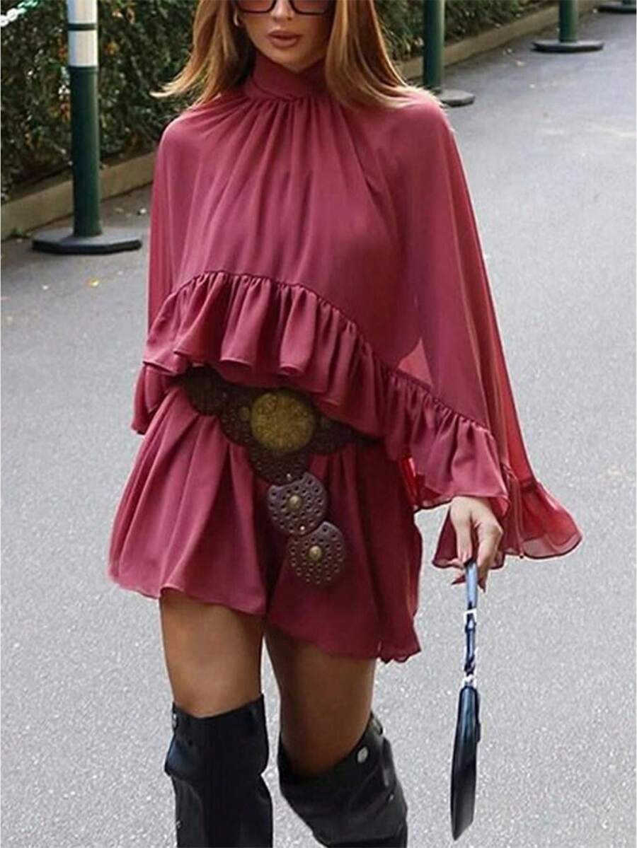 Chiffon Cape For Women Mock Neck Sheer Mesh Shawl Wraps Asymmetrical Flowy Ruffle Capelets For Evening Crop Cover Up Poncho - Red Violet - View 1