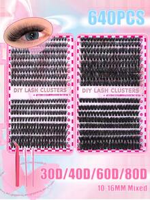 640pcs D-Curl Lash Clusters, 30D+40D+60D+80D 10-16mm Mixed Eyelash Clusters, Fluffy & Natural, Suitable For Beginners To DIY At Home, Eye Lash Clusters,Individual Eyelashes,Lashes,Fake Lashes