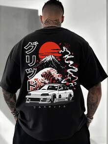 Men's Casual Versatile Simple Volcano Japanese Car Landscape Artwork Print Short Sleeve T-Shirt - Black - View 2