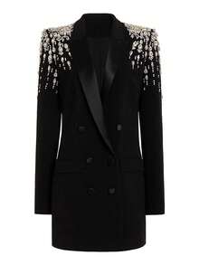 Women's Rhinestone Long Blazer Dress Jacket Luxury Handmade Diamond Satin Collar Double Breasted Women Suit Outfits For Wedding Party Prom - màu đen - Xem 10