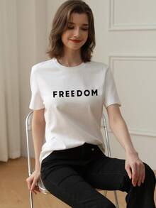 Women's Summer New Simple Slogan Print Casual Vacation Loose Fit Round Neck Short Sleeve T-Shirt, Fashionable Everyday Top, Suitable For Daily And Vacation Wear. Women's T-Shirt Top. - White - View 2