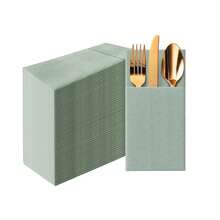 PAW - Sage Linen Feel Napkins With Built-In Flatware Pocket, Airlaid Paper Pre-Folded Napkins For Silverware, Wedding Party, Dinner, Birthday, Gatherings, Monocolor Light Green, 50 Count,Flatwpkins,LightGreen - 淺綠色 - 查看 1