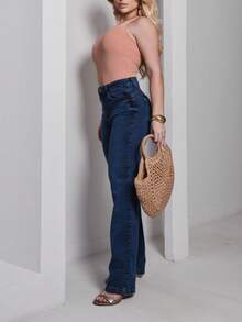 Women's Straight Leg Jeans, High Waist, Comfortable, Casual, Stylish - Rửa trung bình - Xem 3
