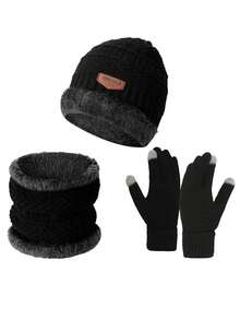 3件套冬季针织帽、围巾和手套套装，保暖围巾，触屏手套，保暖内衬，无檐帽，户外滑雪套装 - 彩色 - 查看 1