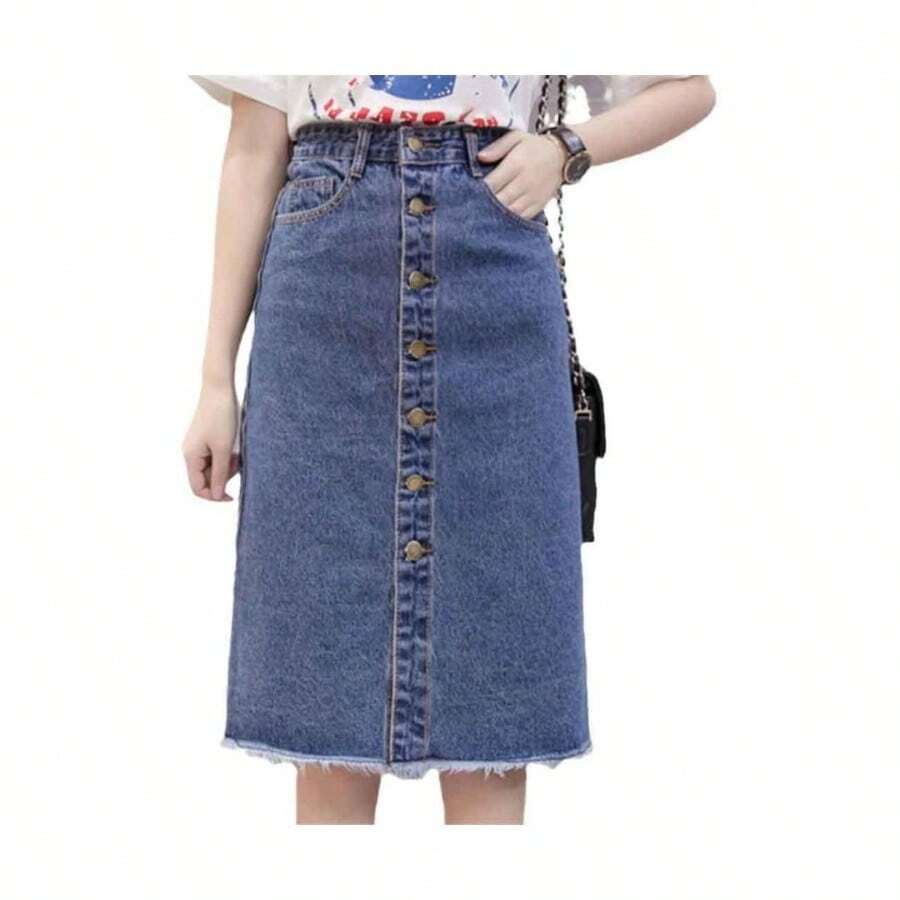 Falda de mezclilla con botones frontales para mujer, casual, cintura alta, dobladillo deshilachado con bolsillo, longitud a la rodilla, falda de mezclilla, Azul, - inicial - Ver 1