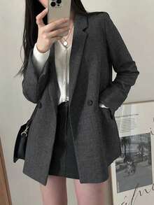 女士休闲简约翻领宽松西装外套 - 深灰色 - 查看 5