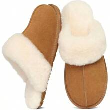 Genuine Leather Slippers Women Fuzzy Winter Scuff House Shoes Cozy Warm Slip On Bedroom Slippers Indoor Outdoor - 8-8.5 + Hạt dẻ - Xem 1