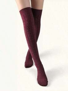 Solid Over The Knee Socks - 酒紅色 - 查看 6