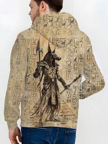 Men's Ancient Egyptian Hieroglyphics & Anubis Hoodie With Egyptian Gods Print (Anubis, Horus, Ra) - Adjustable Hood, Machine Washable, Plus Size Casual Themed Costume Or Casual Attire - Egyptian Text Clothing, PLUS SIZE - Kiểu 1 - Xem 4