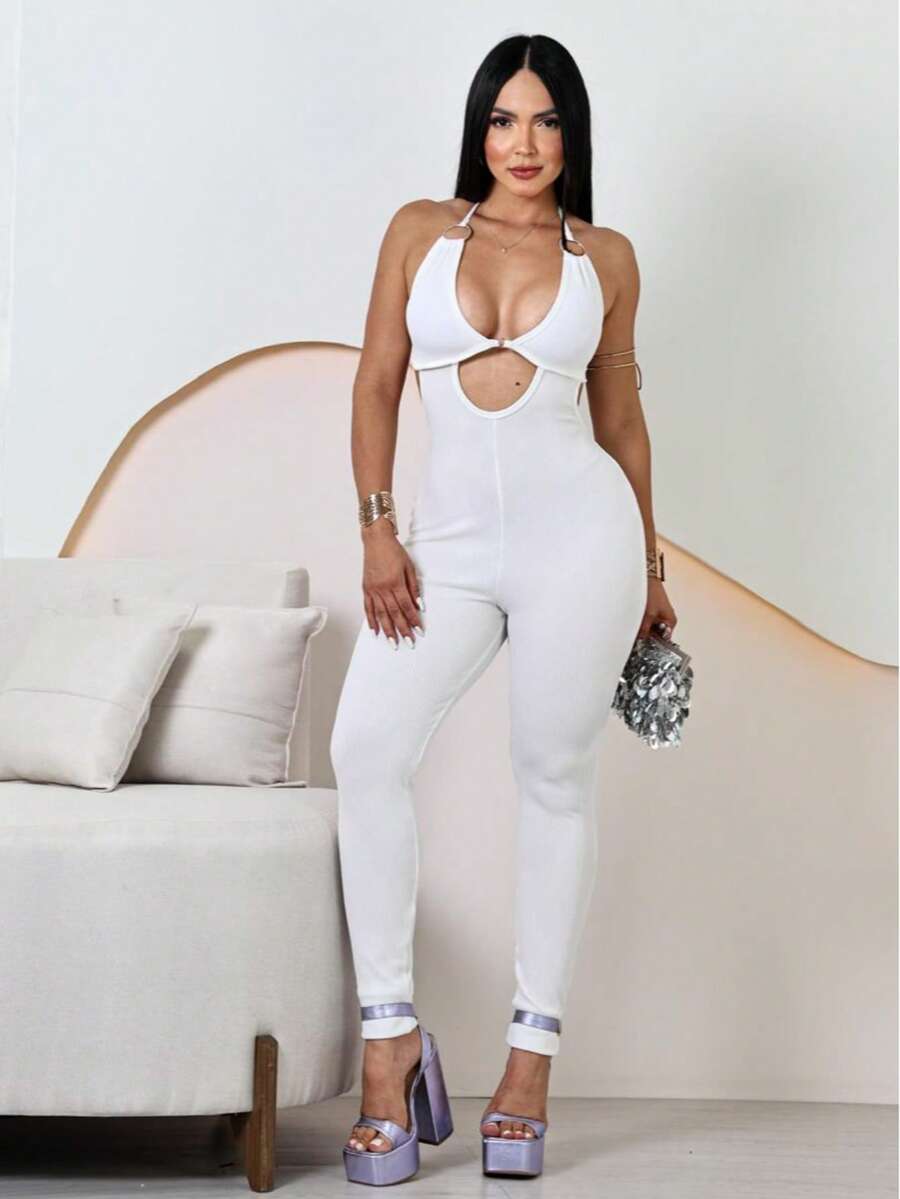 Perla Jumpsuit - Women's Skinny Jumpsuit With Neckline And Tie At The Neck And Back, Halter Neck, Open Back, Christmas, New Year's, Parties, End Of Year, Women's Dresses, Christmas Outfits, Women's Sets, Formal Parties, Nightclub, Stage And Concert, Summer 2025 - 黑與白 - 查看 1