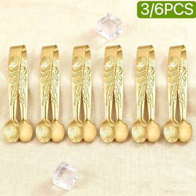 3/6pcs Luxury Gold Mini Clips, Rose Patterned Sugar Tongs, High Quality Stainless Steel Small Service Clips, Durable Ice Clips, Cute Tea Party Service Clips, Exquisite Gifts, Suitable For Cafe/Wedding/Valentine's Day/New Year/Mother's Day/Birthday