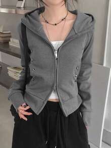 Women's Long Sleeve Korean Style Chic & Sexy Design Reversible Zipper Casual Slim Fit Sweatshirt Sweatshirt - Grey - View 3