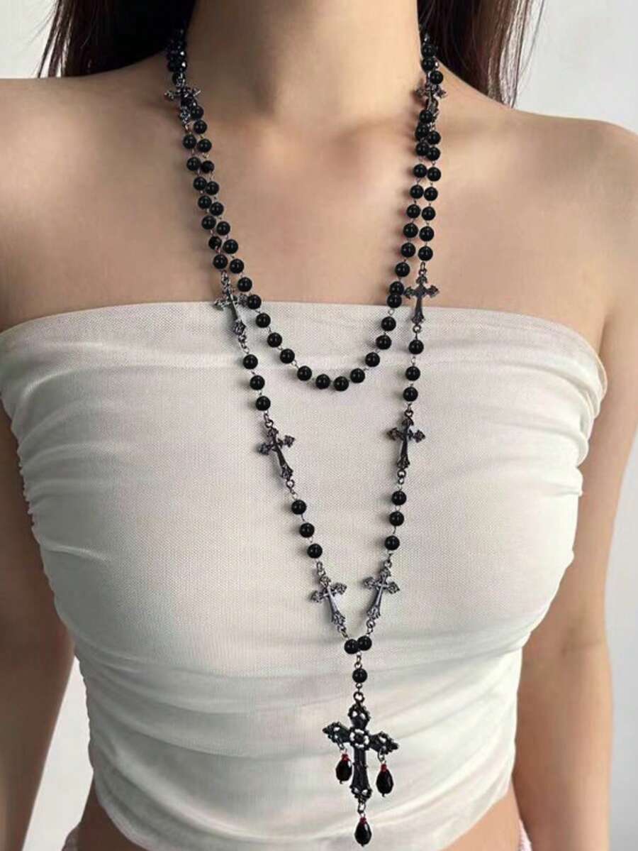 rundraw 1pc Gothic Style Ascension Day Cross Beaded Tassel Necklace, Black Resin Metal Material Personalized, Suitable For Women Party & Everyday Wear