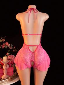 AESKEIA Sexy Lingerie For Women, Lace Trim Seductive Dress Costume, Crotchless Bodysuit - Hot Pink - View 6