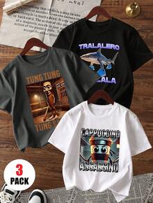 3件装男童休闲印花圆领短袖T恤，夏季学生青少年服装 - 黑白鸟印花T恤为每个孩子带来欢乐和幸福！