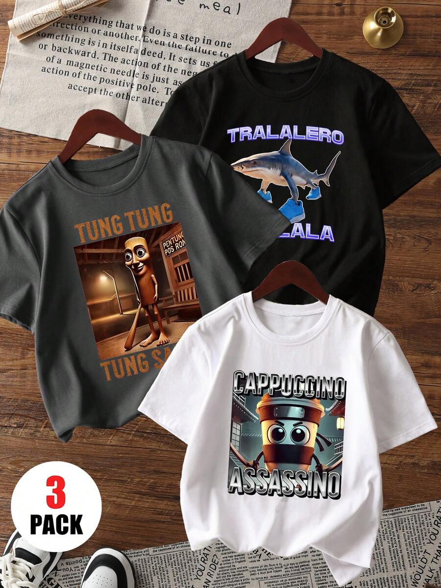 3件装男童休闲印花圆领短袖T恤，夏季学生青少年服装 - 黑白鸟印花T恤为每个孩子带来欢乐和幸福！