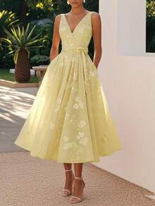 Dress Banquet Evening Dress Sleeveless Vest V-Neck Digital Print Dress - 黃色 - 查看 2