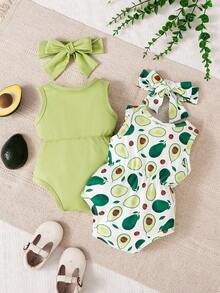 女婴牛油果印花无袖连体衣及配套蝴蝶结发带套装，春夏款 - 綠色 - 查看 3