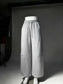 Men's Solid Color Drawstring Waist Pocket Casual Loose Sweatpants, Loose Fit Gray Sports Pants