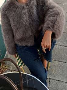 Seelio 女式法式时尚简约休闲圆领长袖仿皮草效果短款夹克外套，秋冬 - 灰色 - 查看 2