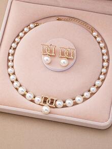 一套女士首饰套装，新款法式仿珍珠耳环，精致项链，优雅百搭，独特多元素奢华套装 - 首飾套裝 - 查看 4