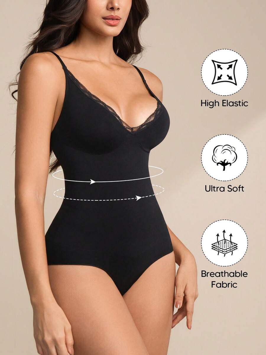 女士纯色蕾丝边收腹连体泳衣 - 黑色 - 查看 1