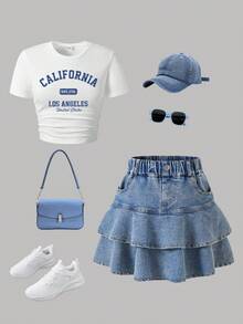 Tween Girl Letter Graphic Print Short Sleeve Top And Denim Skirt Set - White - View 1