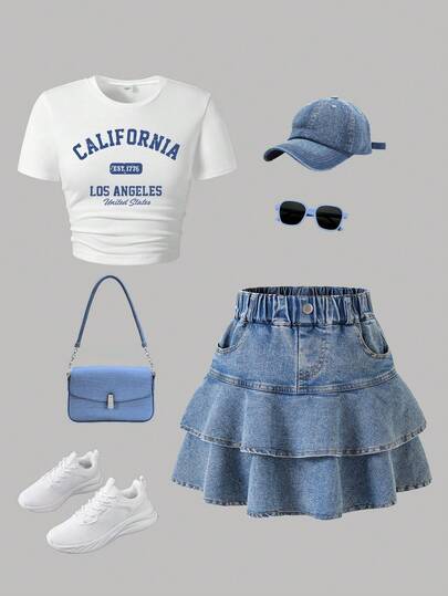 Tween Girl Letter Graphic Print Short Sleeve Top And Denim Skirt Set