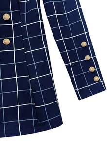 女式纽扣前翻领长袖格子休闲西装外套 - 藏蓝色 - 查看 3