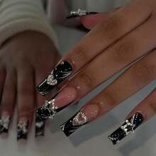 4 Sets Of 96pcs Medium Long Square Press-On Nails, Dark Princess Full Rhinestones Ring, Pentagram, Love Heart, Black French Tips, Pink & White Romantic Styles, Fake Nail Kit With 4 Jelly Glue Sheets & 4 Nail Files - ABS - View 9