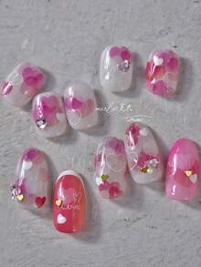 5D Embossed Sweet & Playful Heart 3D Nail Stickers, Macaron Pink Mini Heart Shiny Rhinestone 3D Self-Adhesive Reusable Nail Decals, Exquisite Nail Art Supplies, Essential For Nail Artists, Cute DIY Nail Decoration For Daily Use And Gifts, 1 Piece - Pink - View 7