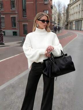 Suéter feminino FOR BEAUTY, novo modelo outono/inverno, gola alta, branco, estilo casual, modelagem slim, elegante e moderno, com mangas compridas caneladas. Ideal para uso diário, casual e versátil. Suéter de tricô quente e confortável para o Ano Novo.