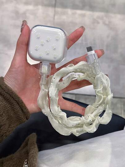 4pcs Set (1pc Charger Protector + 2pcs Data Cable Anti-Pinch + 1pc Sparkling Diamond Mesh Cable Protector), Floral Pattern Charger & Data Cable Protector Set, Compatible With 20W UK Apple Fast Charger