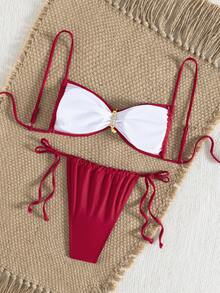 Elegant Red Halter Bikini For Women Tie Back With Gold Detail Swimwear High Stretch - Burgundy - View 4
