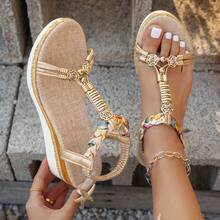 2026夏季度假风女装香槟色串珠绳底5.5厘米女士凉鞋，复古坡跟厚底波西米亚编织凉鞋 - 香檳色 - 查看 12