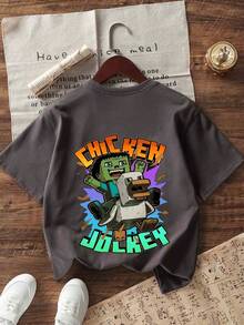 Young Boy "Chicken Jockey" Print T-Shirt, Fashionable Boys' Summer Short Sleeve Tee, Suitable For Daily Wear, School, And Street Style - Dark Grey - View 5