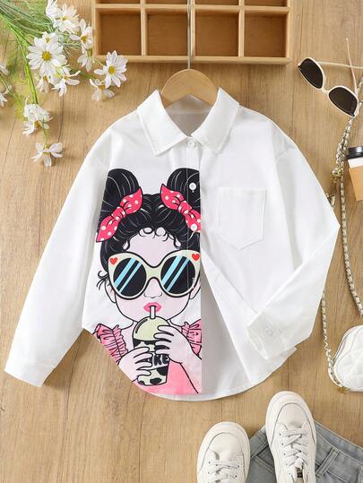女童时尚纯色翻领纽扣人像印花单口袋长袖衬衫裙，适合青少年女孩的休闲装，春秋季