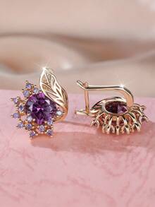 1 Pair Champagne Gold Plated Floral Earrings Full Purple CZ Bloom Design Circular Shape Hypoallergenic Women's Luxury Jewelry Anniversary Valentine Christmas Gift Collection. - Multicolor - View 9