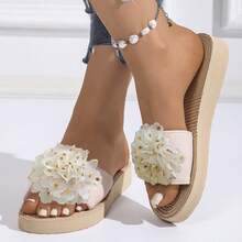 1 Pair Metallic Floral Print Polka Dot Beach Fashion Street Graffiti Wide Fit Woven Pattern Beige Elastic Band Slides, Suitable For Beach, Outdoor, Party, Office, All Seasons - Apricot - View 10